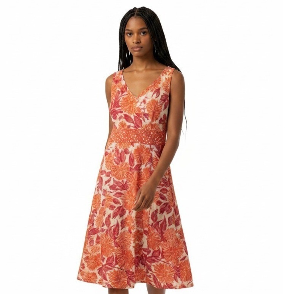 Boden Orange Floral Polka Dot V-Neck Sleeveless Midi Dress Size 4R